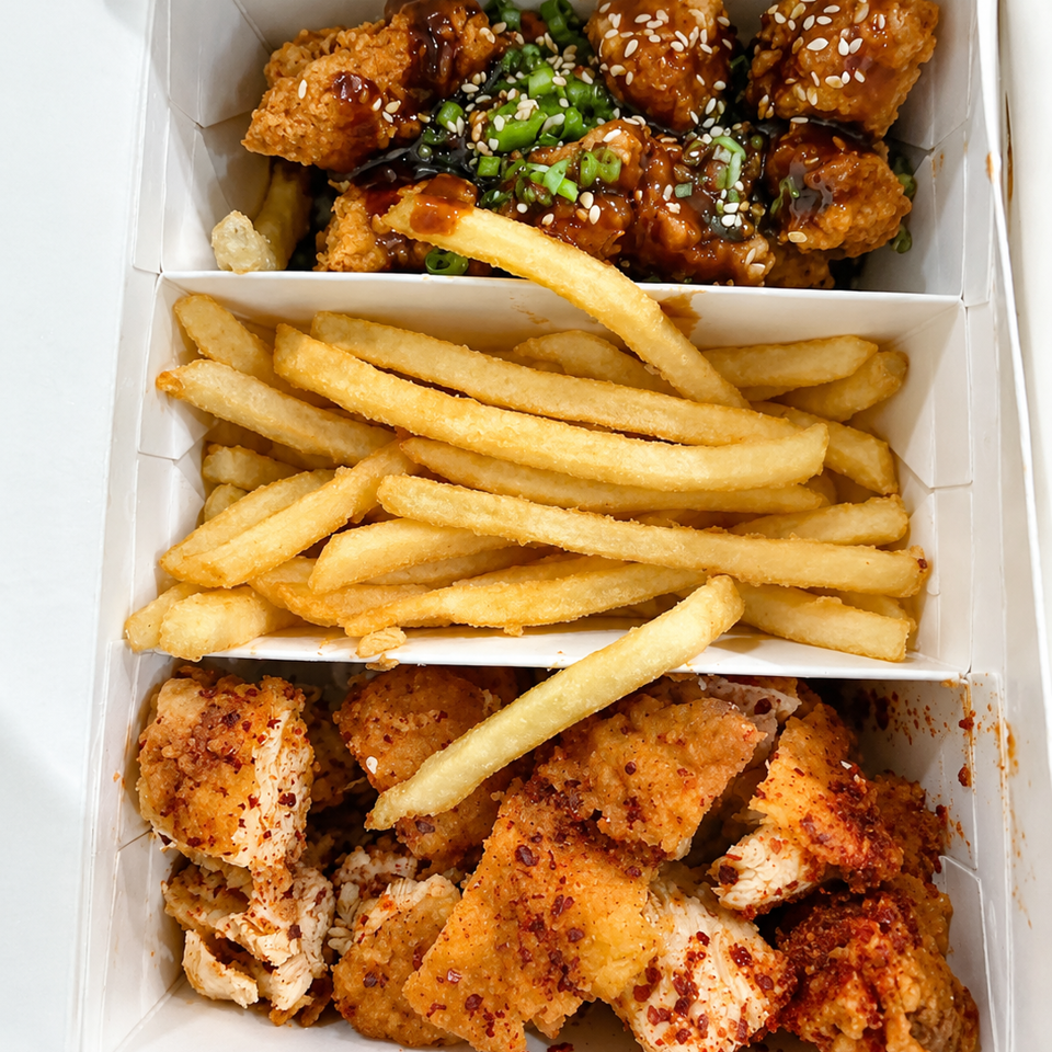 Open takeout box filled with saucy sesame chicken, seasoned fried chicken pieces, and golden French fries.