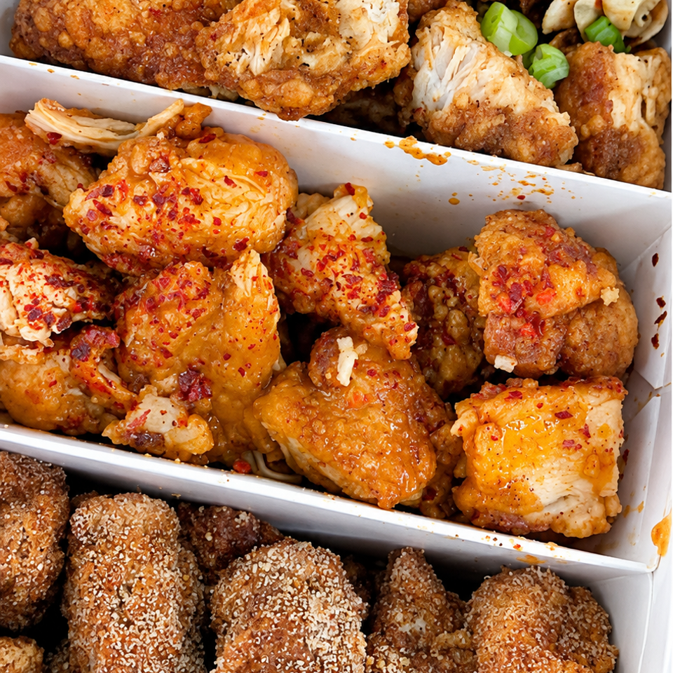 Three trays of crispy fried chicken pieces, topped with green onions, banana chips, chili flakes, and coarse seasoning.