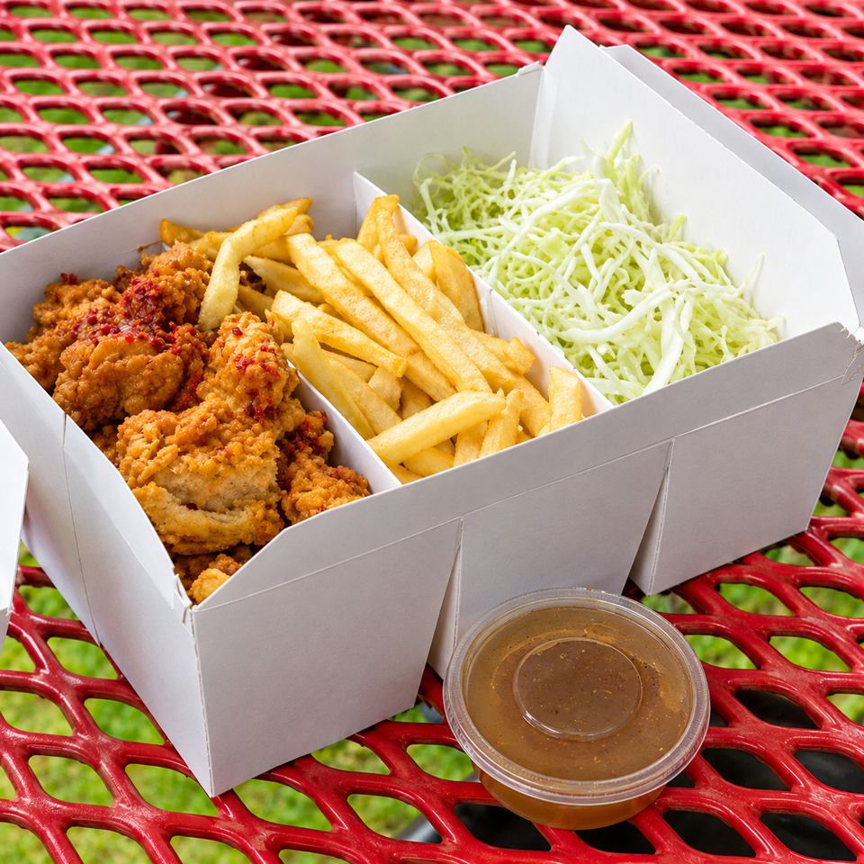Crispy fried chicken, French fries, coleslaw, and dipping sauce served in a takeout box on a red outdoor table.